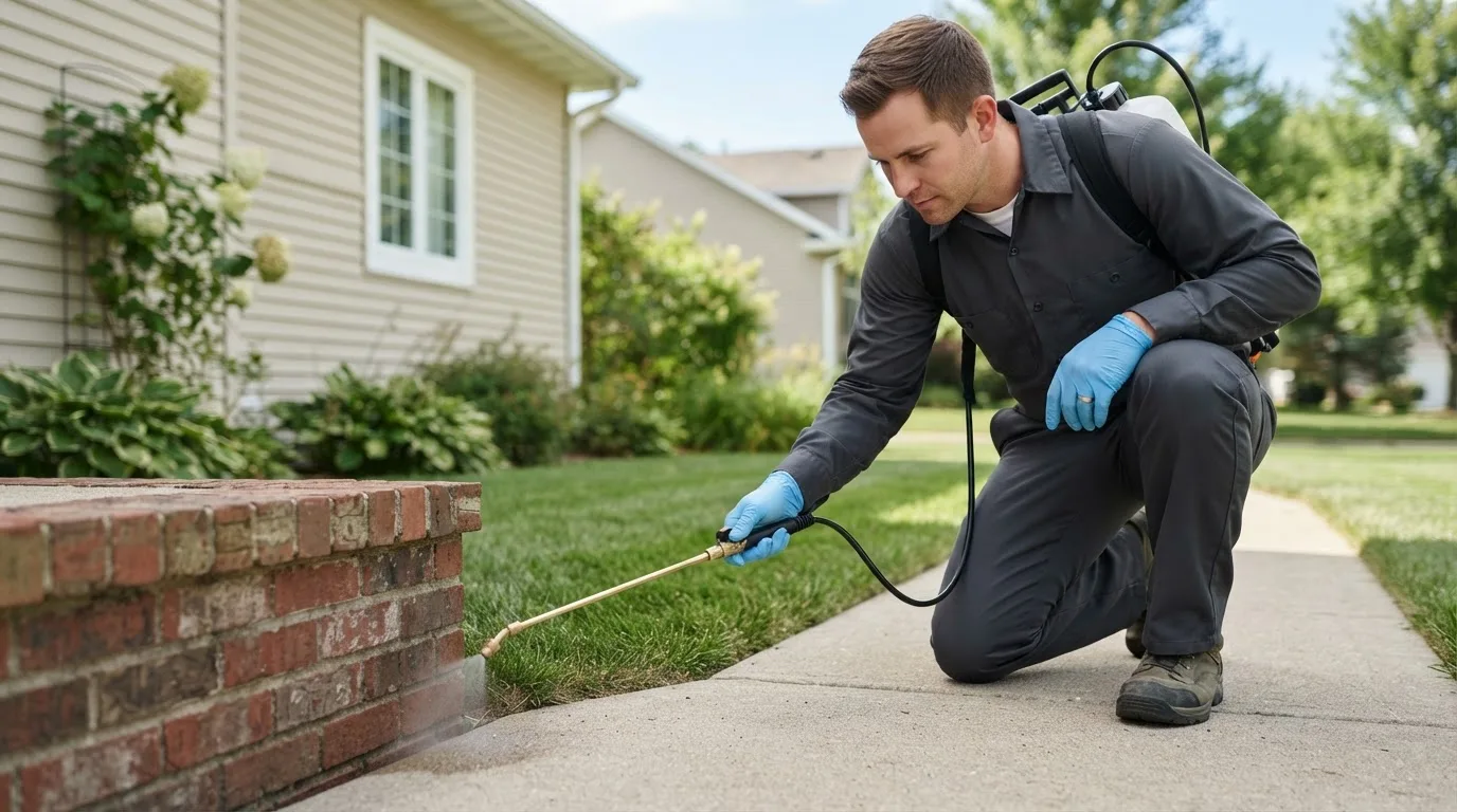 Pest control technician treating a home near Industry, TX