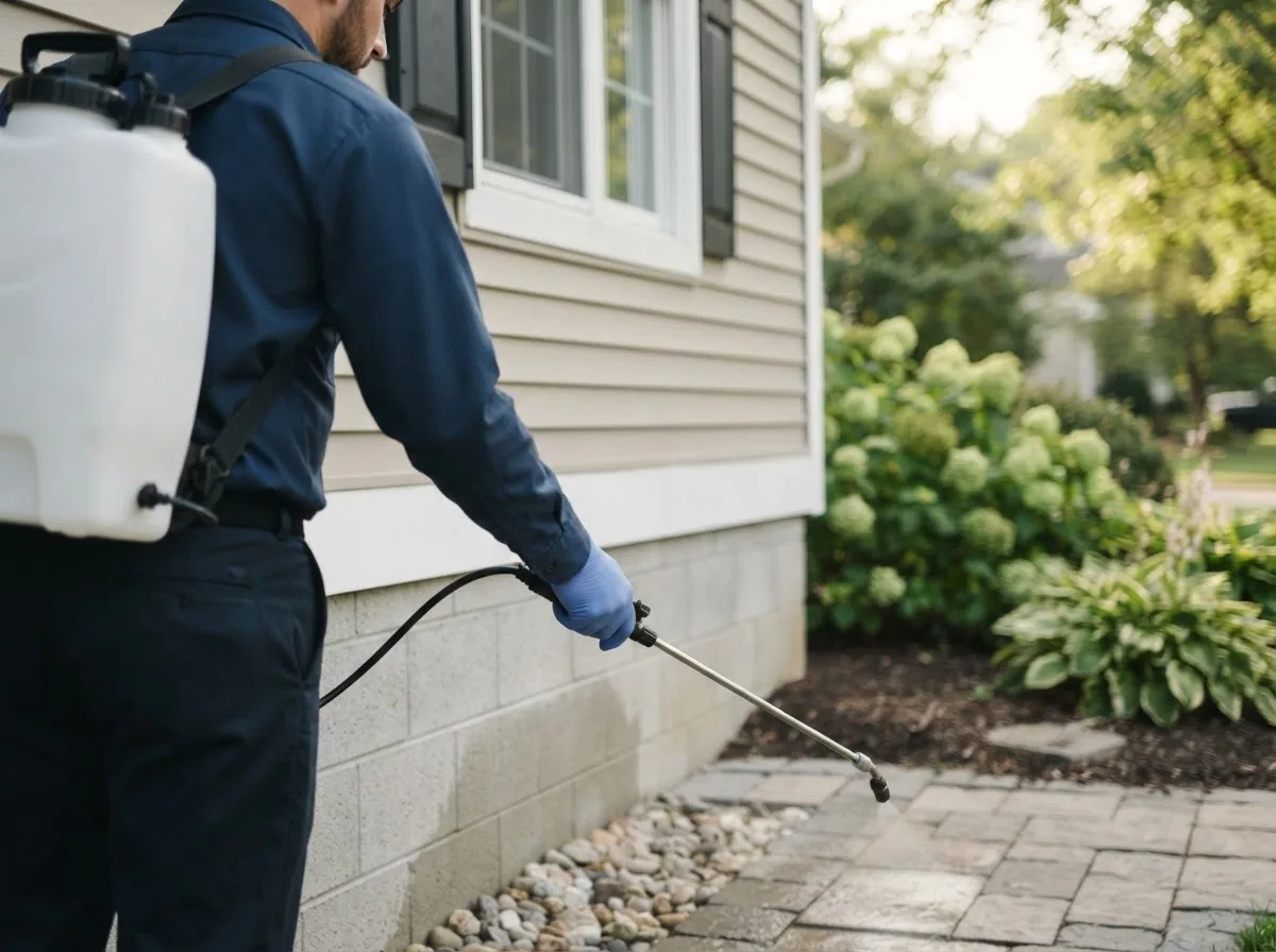 Pest control technician inspecting a home in Industry, TX